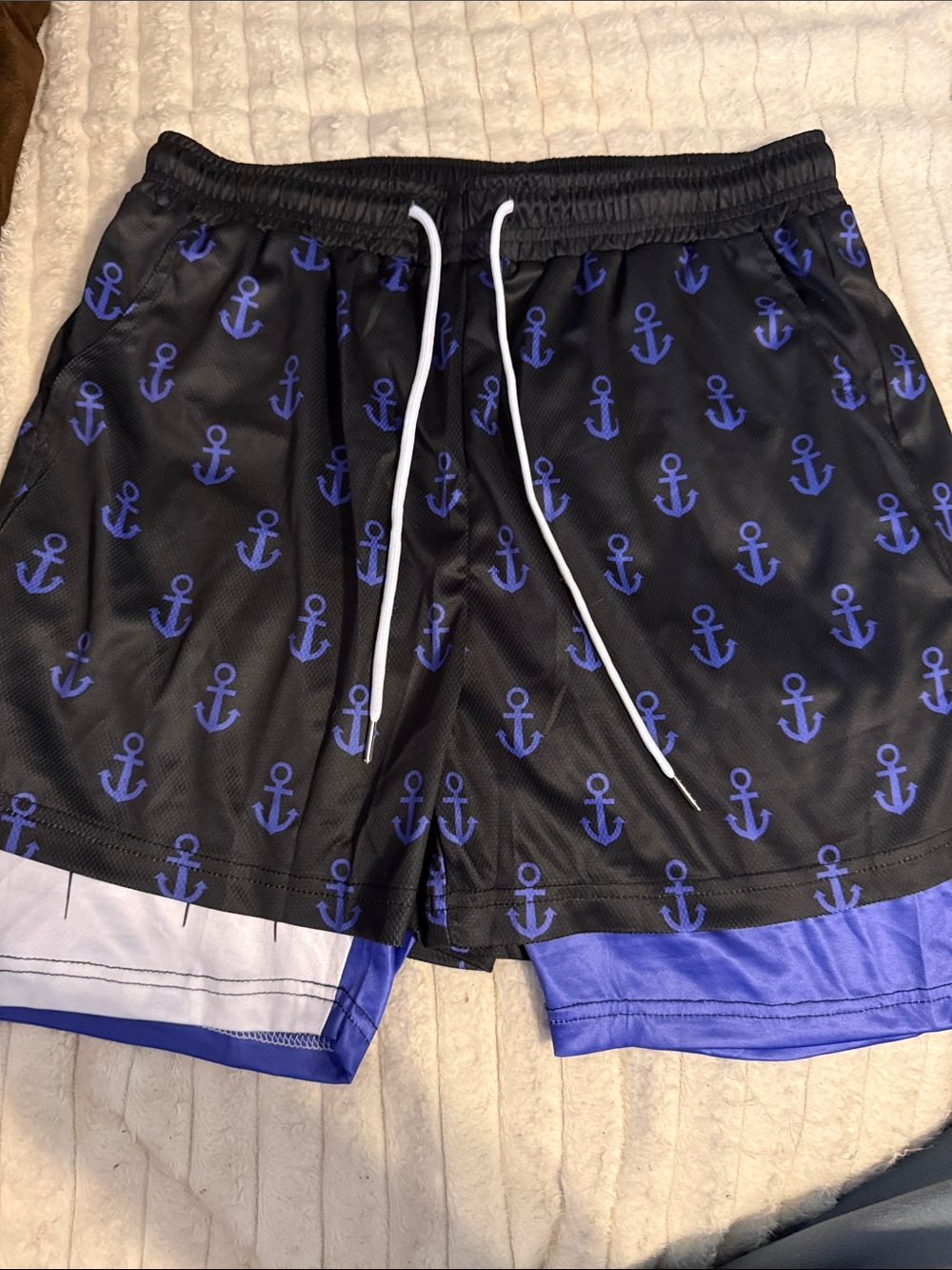 Black Anchor Print Athletic Shorts with Blue Trim